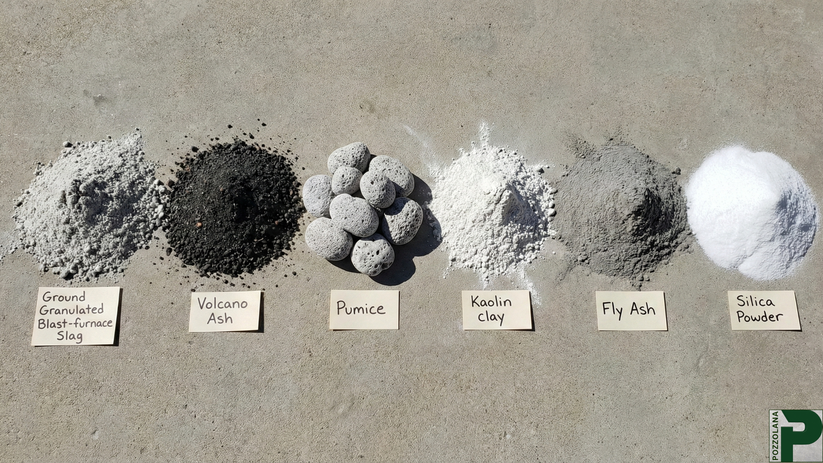 Raw materials: GGBS, Volcano Ash, Pumice, Kaolin Clay, Fly Ash, Silica Powder